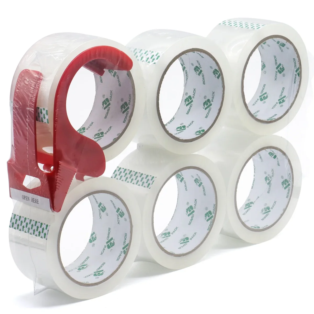 Bomei Pack Heavy Duty Transparent Packing Tape with Dispenser - 6Rolls, Total 360Y, 2.4 mil, 1.88 inch x 60 Yards, Clear Packaging Tape Refills for Shipping 6099