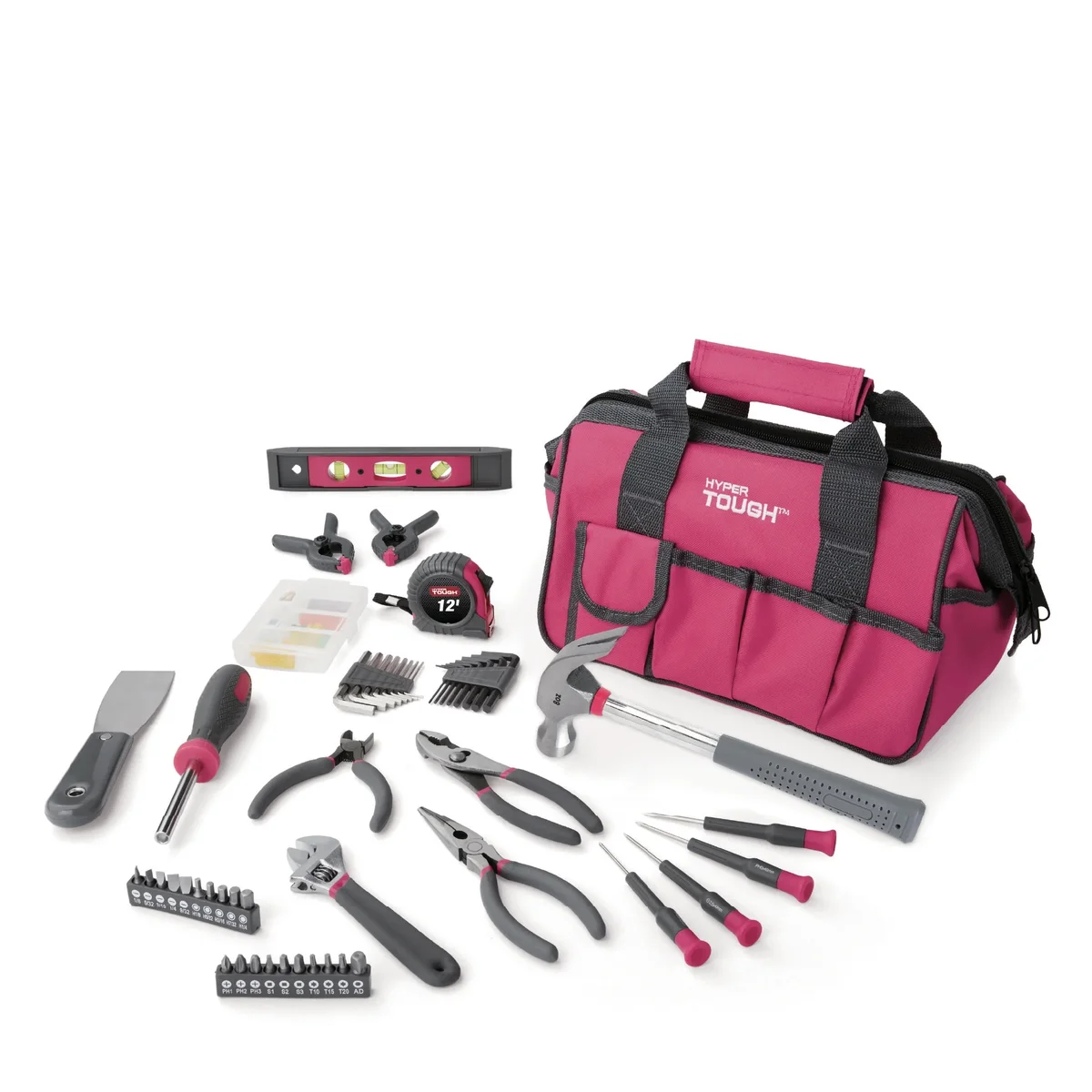 Hyper Tough 89-Piece Household Tool Set 12-Pocket Tool Bag, Pink 4858