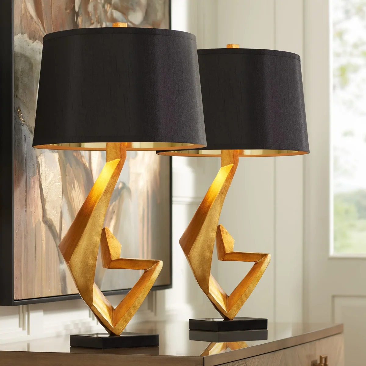 Possini Euro Design Zeus 28 1/2" Tall Modern Glam End Table Lamps Set of 2 Sculptural Gold Leaf Living Room Bedroom Bedside Black Shade 5585