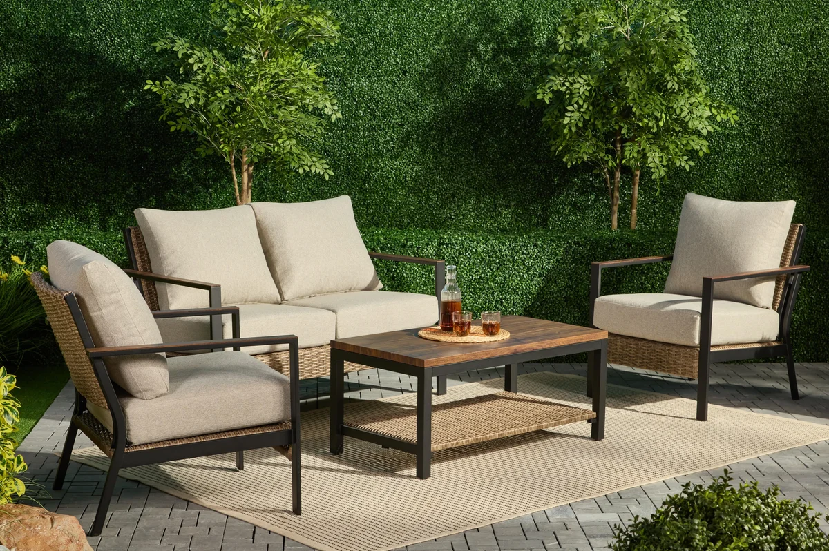 AE Outdoor Hennepin Patio Furniture 4 Piece Conversation Set Steel with Beige Cushions,  Toolless Easy Assembly 9202