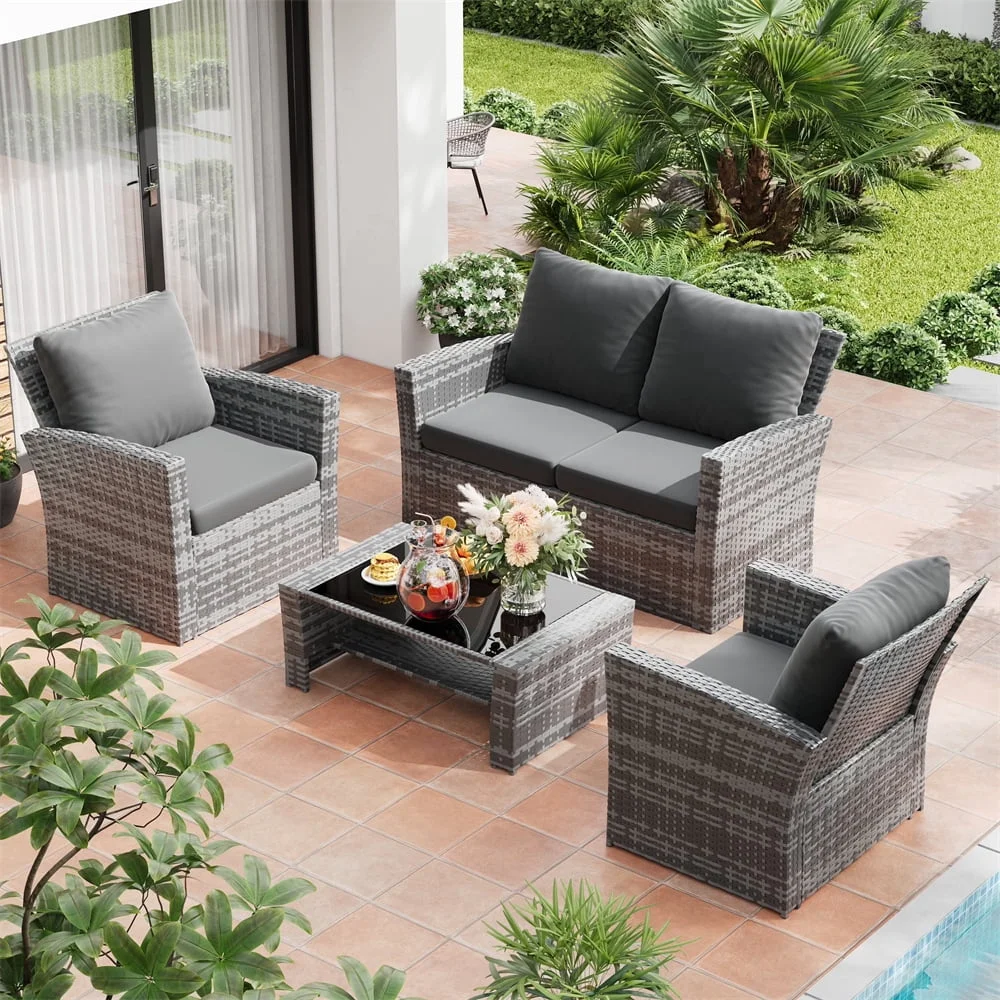Aminy 4 Pieces Patio Conversation Set, Outdoor Furniture Set with Cushion, Outside Sectional Rattan Wicker Sofa Furniture Set for Garden, Porch, Backya 6012