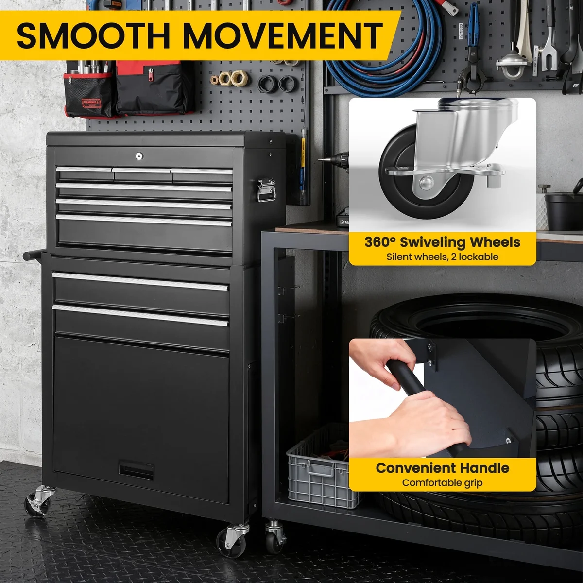 Seizeen 2-IN-1 Tool Chest & Cabinet, Large Capacity 8-Drawer Rolling Tool Box Organizer with Wheels Lockable, Black 4059