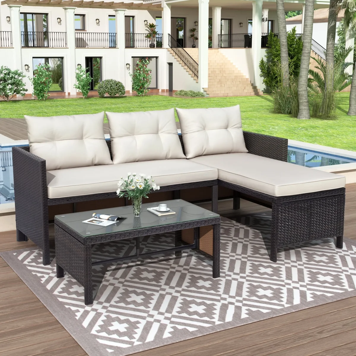 Syngar Outdoor Patio Furniture Sofa Set, 3-Piece All-Weather Wicker Conversation Set, Rattan Combination Furniture with Cushions & Coffee Table, Garden  1349