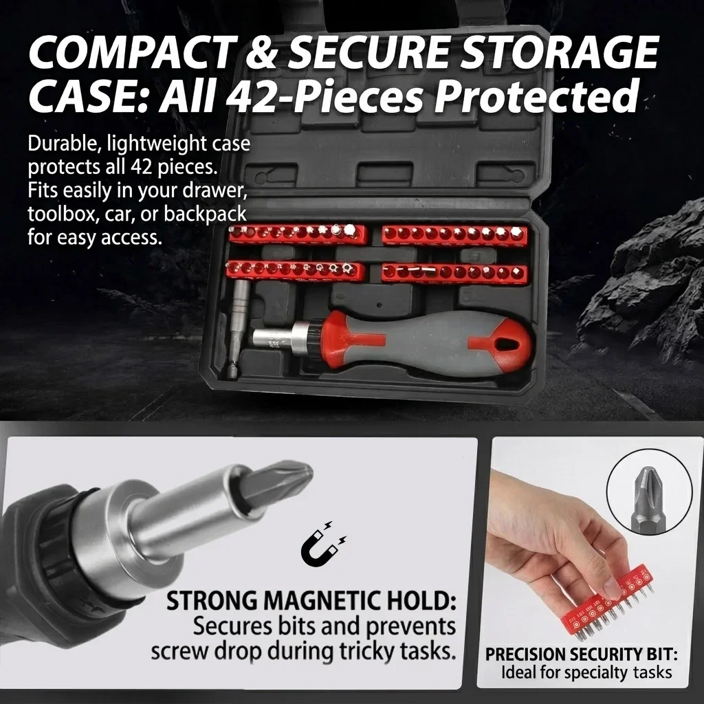 Everdaily Essentials Ratcheting Multi-Bit Screwdriver Set, 40 Bits, 60mm Extension Bar, 1/4’’ Magnetic Driver Handle, 40 Bits- Torx, Slotted, Phillips, Square，H Ref. 3126