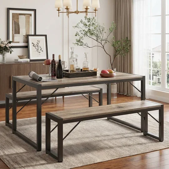 Aiho 45.5" Dining Table Set for 4, Kitchen Table with 2 Benches, Wood Dinette Sets with Metal Frame - Gray 6799