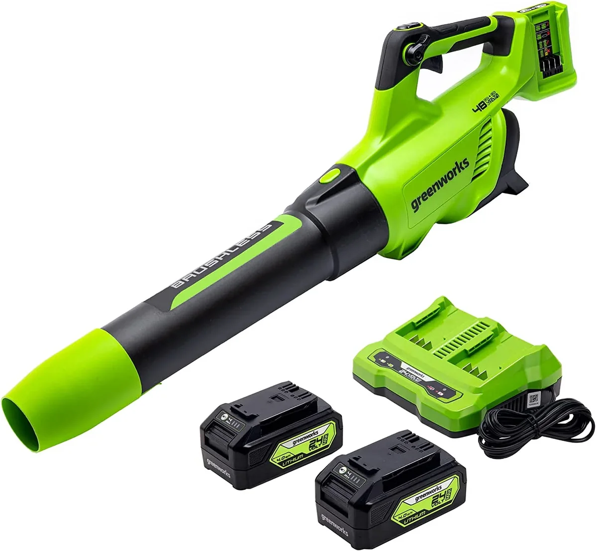 Greenworks 48V (24V x 2) Cordless Brushless Axial Leaf Blower (140 MPH / 585 CFM / 200+ Compatible Tools), (2) 4.0Ah Batteries and Dual Port Rapi 8273