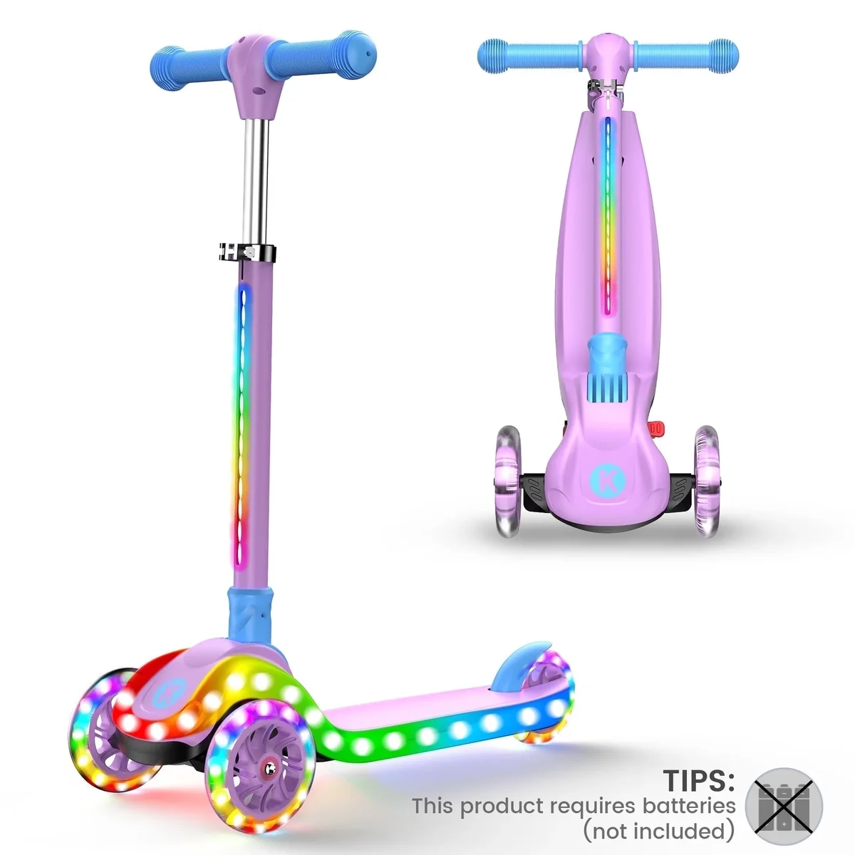 KIDSCOTER Kids 3 Wheel with LED Lights, Adjustable Height Foldable Scooter for Boys Girls Ages 3-12, Light-Up Handlebars & Deck, 130lbs Weight Limit, Gift  5413