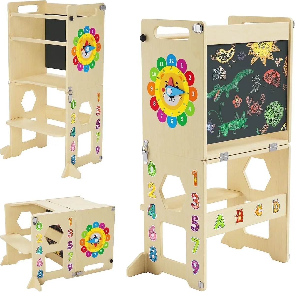 KidsBuddy 4-in-1 Toddler Standing Tower,Foldable Toddler Kitchen Tower,Kids Kitchen Step Stool with Blackboard and Wooden Learning Clock,Toddler  6497