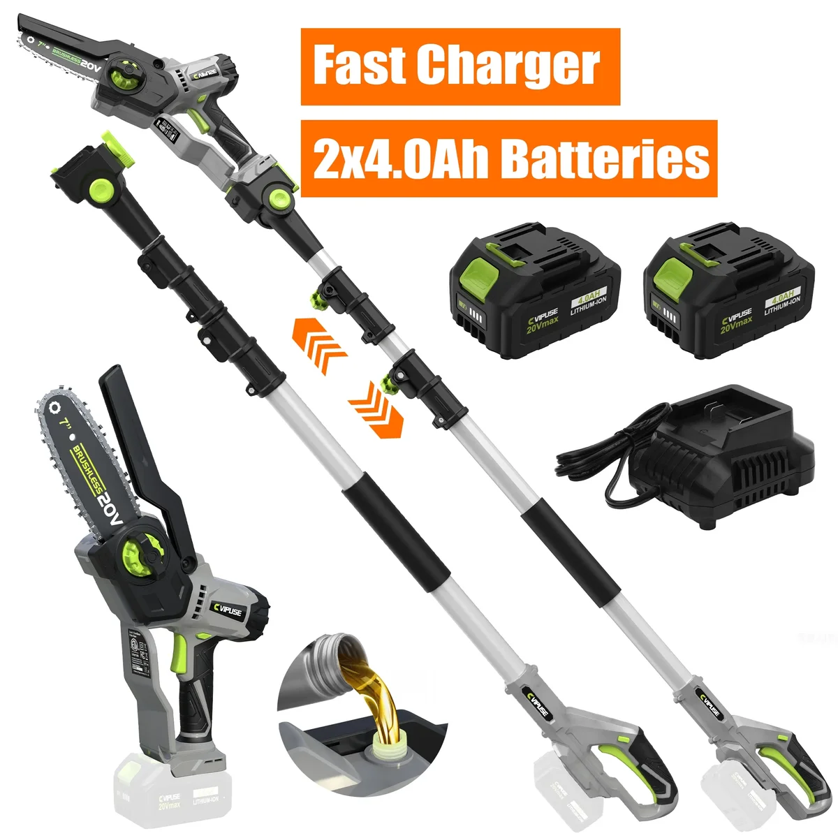 Vipuse 2-in-1 Cordless Pole Saw with Two 4.0Ah Rechargeable Batteries and 2.0Ah Fast Charger,16 FT Max Extension,7 Inch Mini Brushless Chainsaws  8797