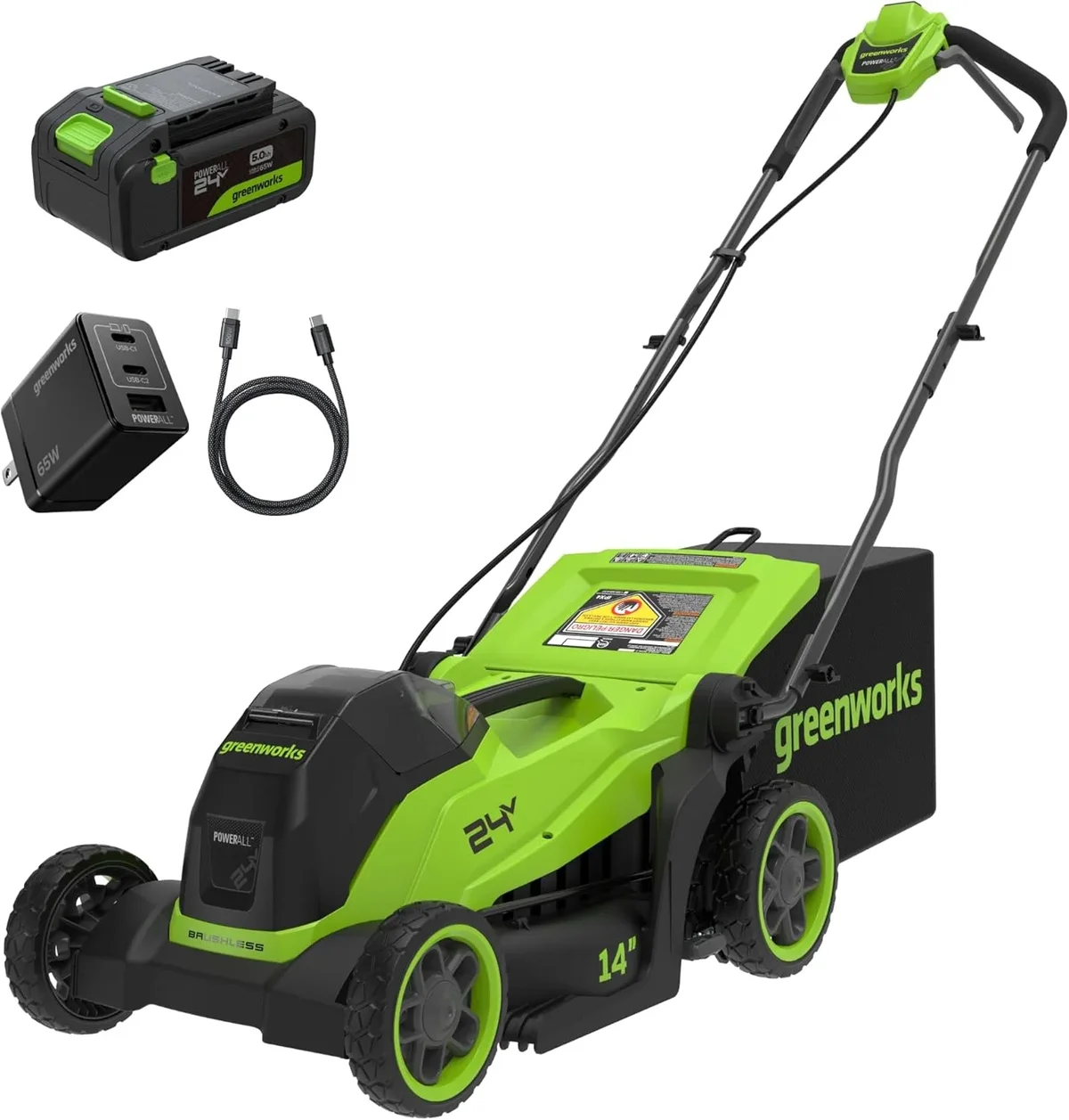 Greenworks 24V 14″ Brushless Cordless Lawn Mower Kit with 5.0Ah USB-C Battery & 65W Type-C Charger 0237
