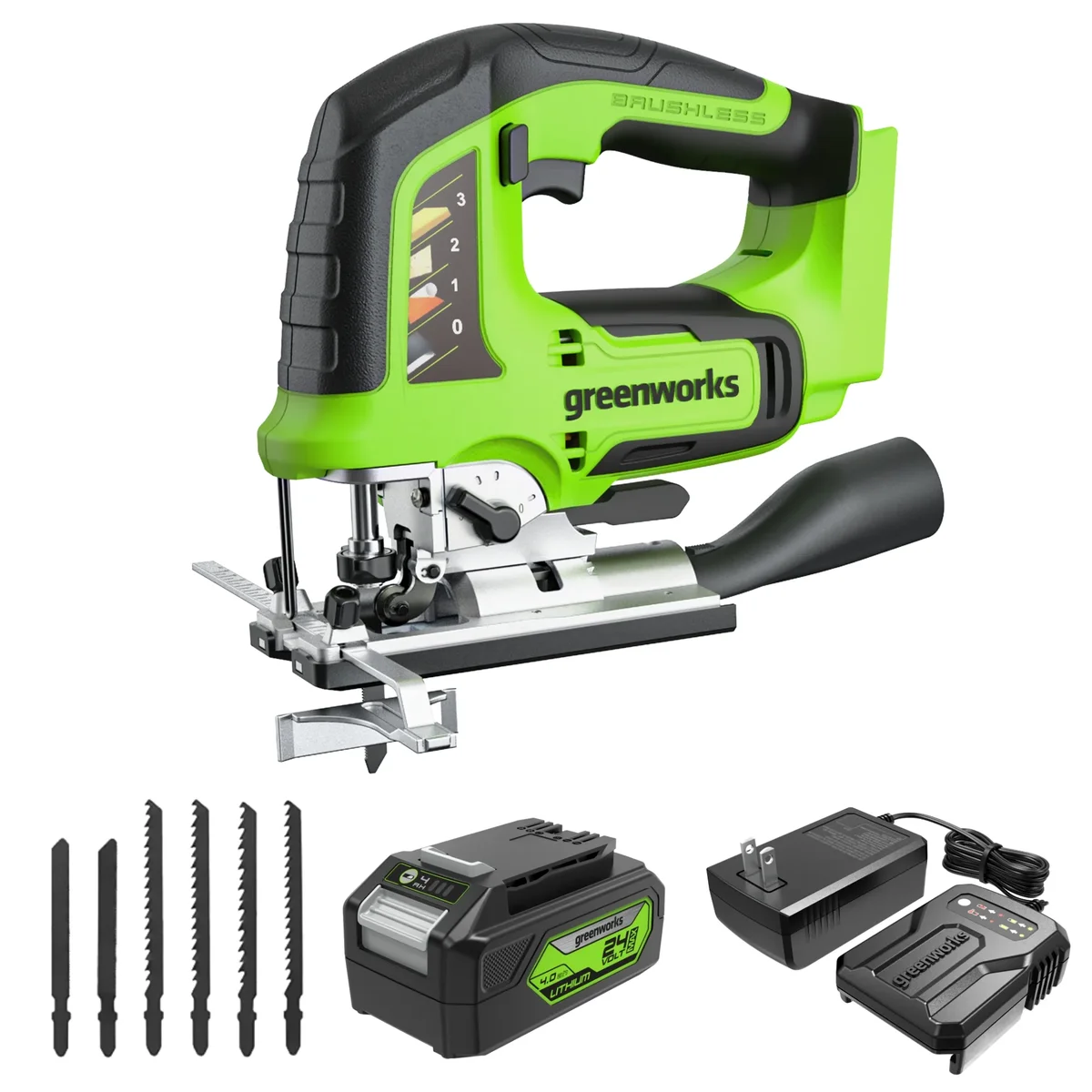 Greenworks 24V Brushless Jig Saw Kit, 4Ah USB (Power Bank) Battery and Charger 9026
