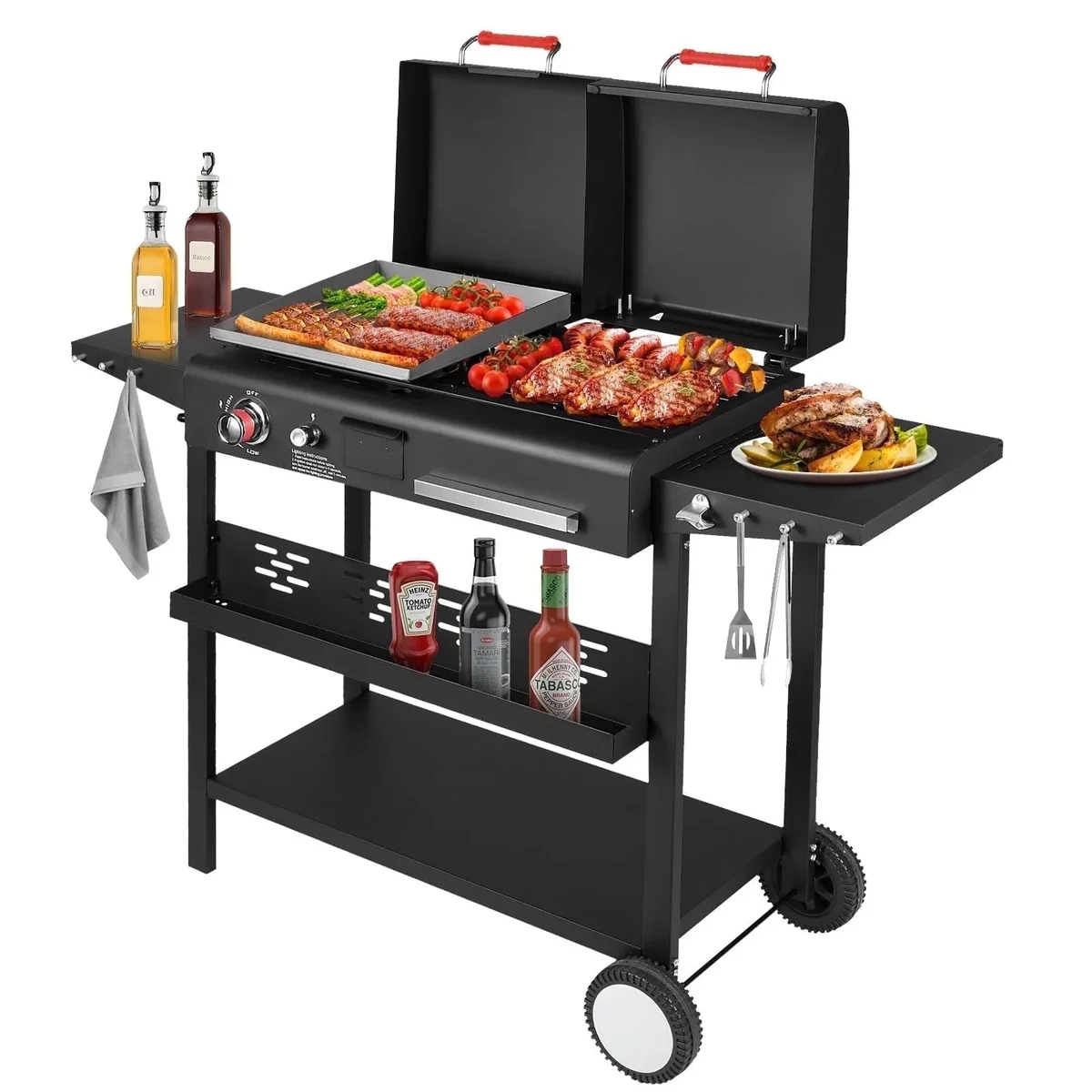 Frizi Charcoal and Gas Grill Combo with Black Dual Lids, Dual Fuel Propane Gas Grill with 2 Side Shelves for Outdoor Backyard Barbecue Cooking 3516
