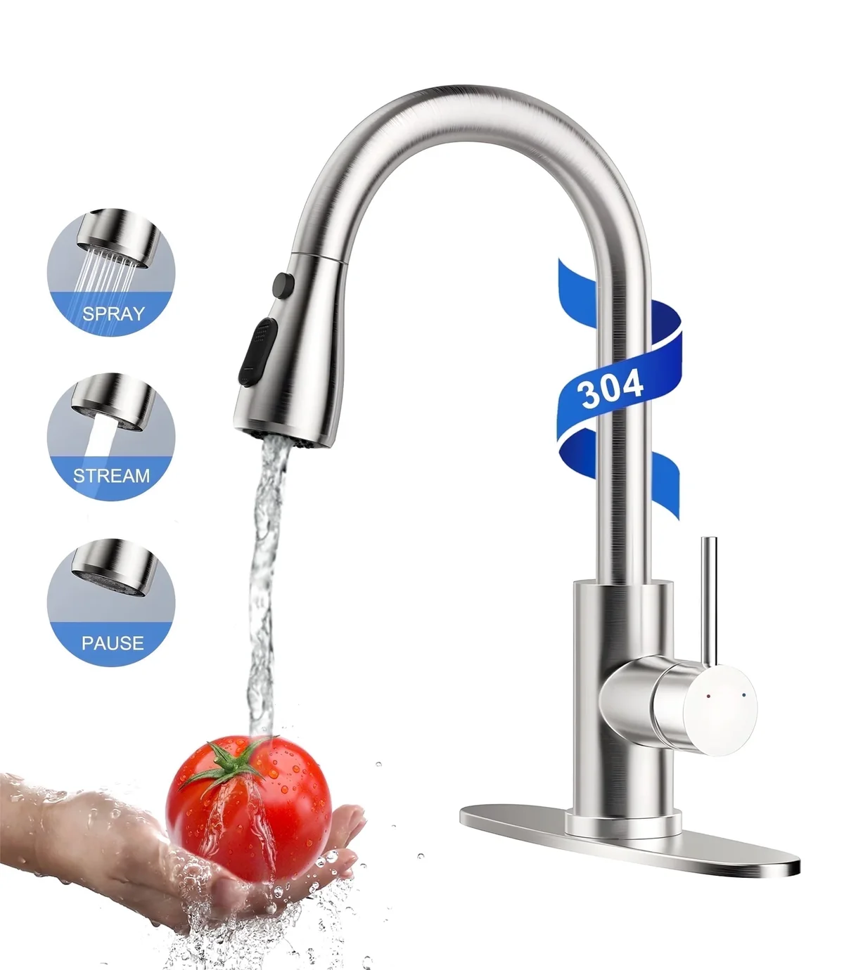 Hodvit Kitchen Faucet with Pull Down Sprayer, Stainless Steel Kitchen Sink Faucet with Deck Plate to Cover 1575