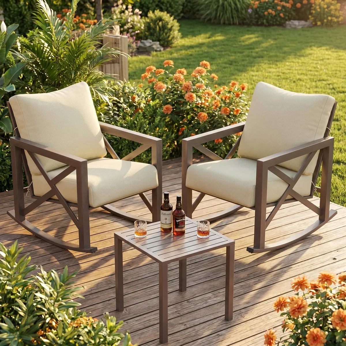 UDPATIO 3-Piece Metal Patio Bistro Rocker Set, Beige 1504