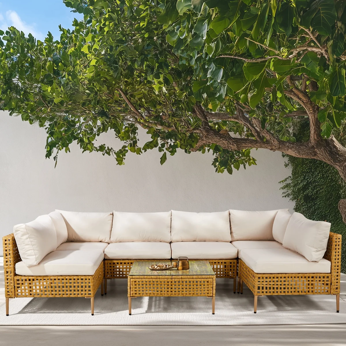 Zimtown 7-Piece Patio Furniture Set, Wicker Outdoor Furniture Set with Coffee Table and Cushion , Beige 9223