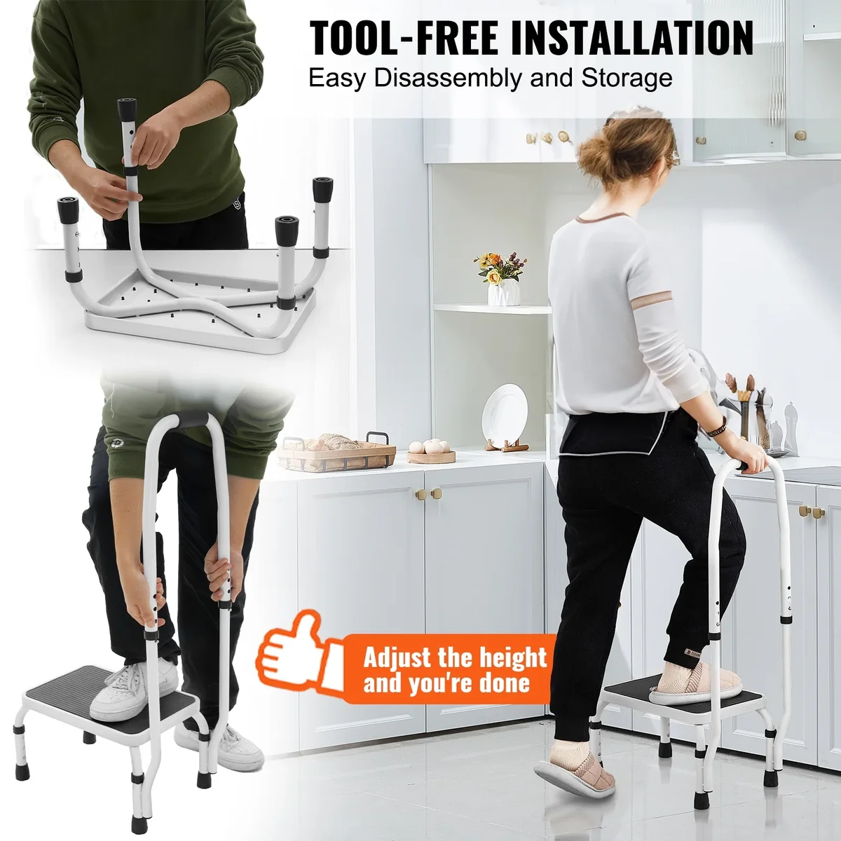 VEVOR Step Stool 1-Step 330lbs Capacity, 3 Adjustable Height with Handle Steel Step Ladder, Portable Step Stools for Adults, Non-Slip Sturdy Step 9475