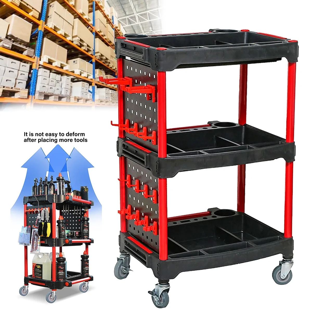 AOMOTA Car Detailing Cart with Wheels – DIY 3-Tier Heavy-Duty Mobile Utility Organizer for Car Wash & Auto Repairs – Adjustable Side Trays, Tool Hoo 0374