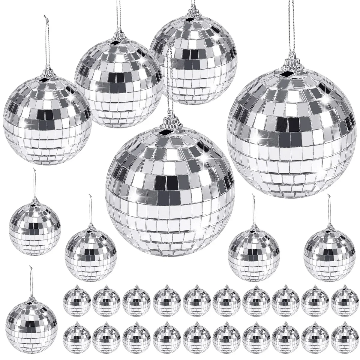 Visen 30 Pack Mirror Disco Ball,Mini Disco Ball Decorations,Reflective Mirror Ball Ornaments,Small Silver Hanging Disco Balls with Rope for Christmas T 2394