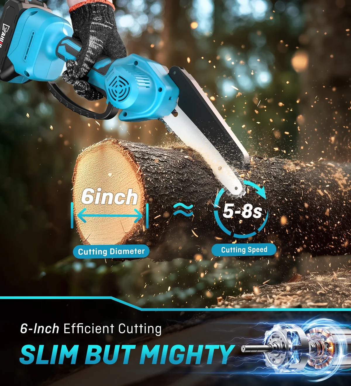 YAHHU 6 Inch Mini Cordless Chainsaw, Handheld Electric Chain Saw with 2 Batteries and 2 Chains for Tree Trimming and Wood Cutting 6337