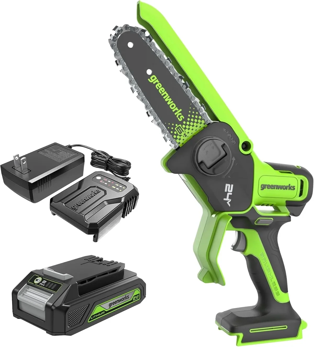 Greenworks 24V 6in BL Pruning Saw with Auto Oiler, (1) 2.0Ah Battery and 2A Adapter Charger for Tree Trimming and Pruning 1414