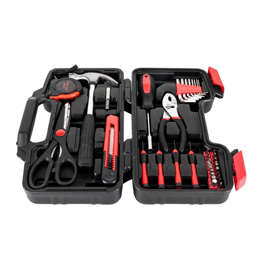UBesGoo 39 pcs Household Hand Tool Set Kit, Includes Tape Measure, Storage Case, Red 2110
