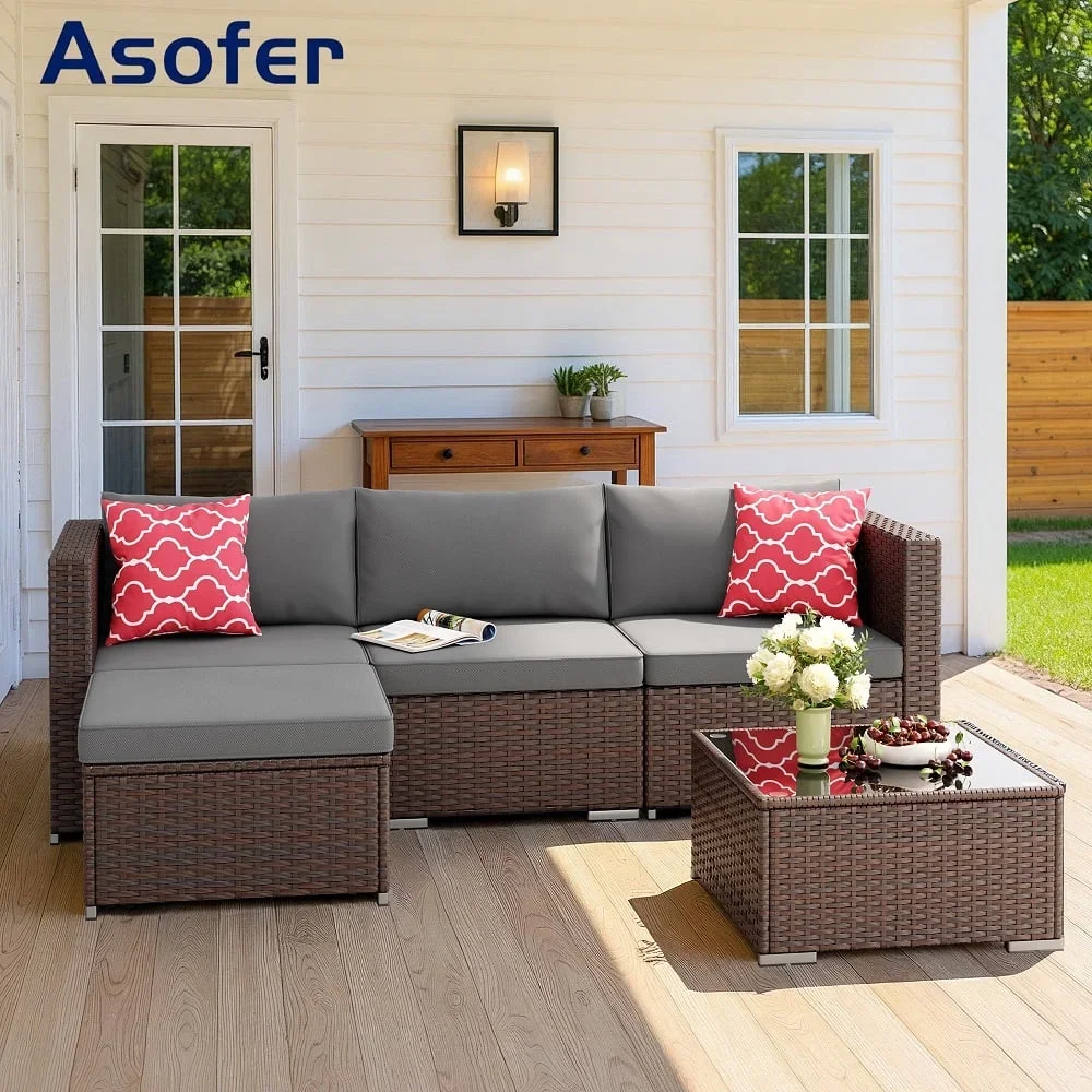 Asofer 5 PCS Outdoor Sectional Sofa Set PE Wicker Rattan Patio Furniture Set with a Glass Coffee Table for Backyard Porch Poolside Patio,Gray 2058
