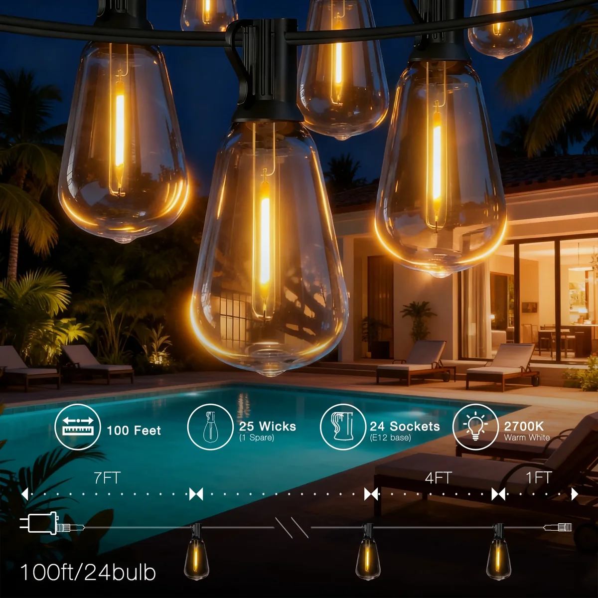 DAYBETTER 100FT Solar String Lights Outdoor, Waterproof Hanging Lights with 24 Shatterproof Bulbs, Dimmable, for Outside, Camping, Yard, Party De 4075