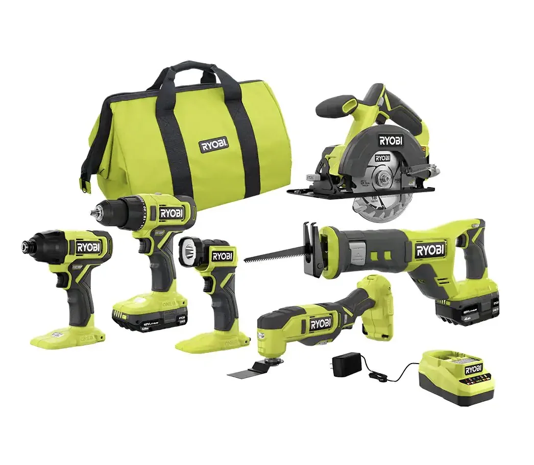 RYOBI ONE+ 18V Cordless 6-Tool Combo Kit with 1.5 Ah Battery, 4.0 Ah Battery, and Charger 7008