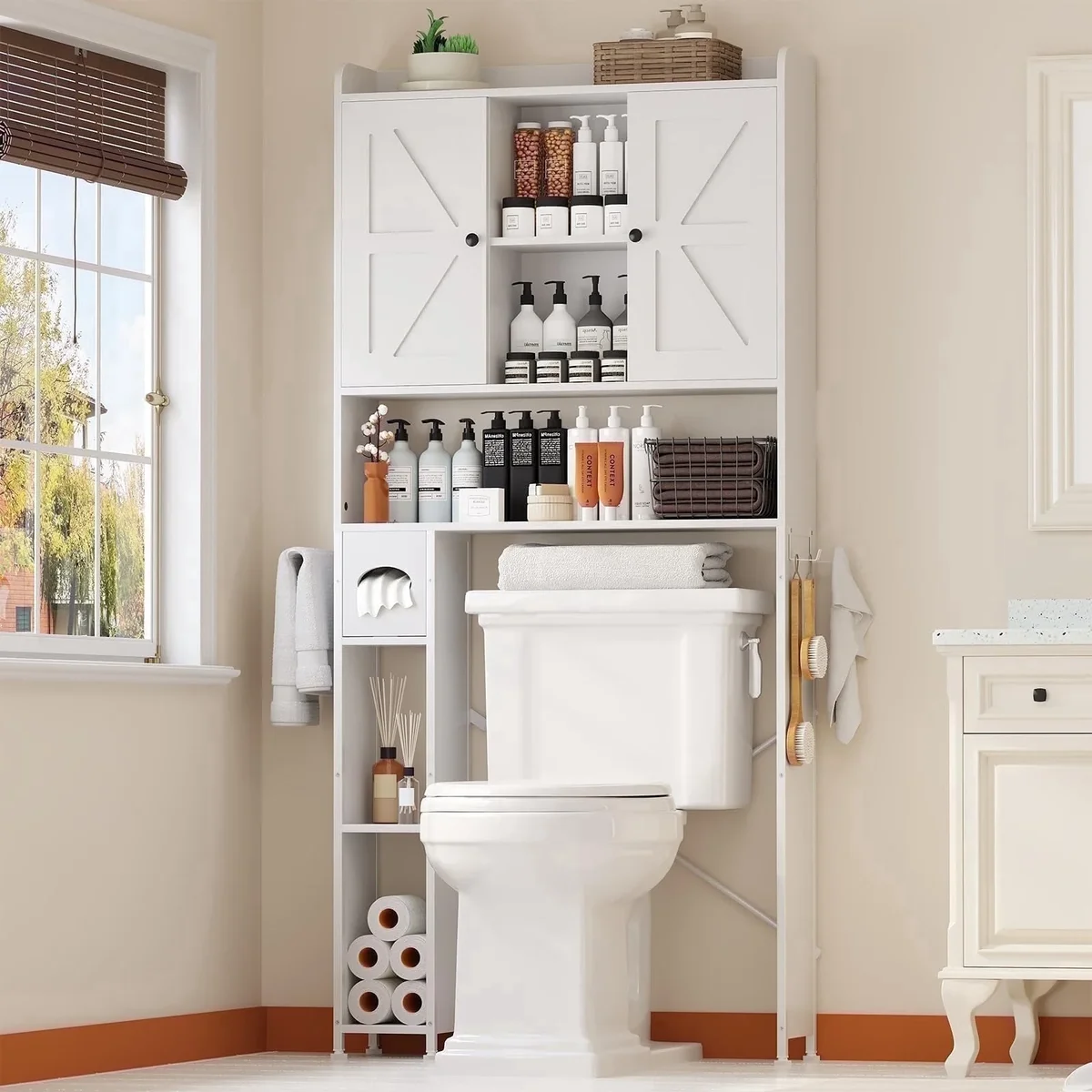 POAO 32"W Over the Toilet Storage Cabinet with Metal Frame and 7 Storage Shelves, Bathroom Organizer with Adjustable Shelves and Paper Holder, Wh 8367