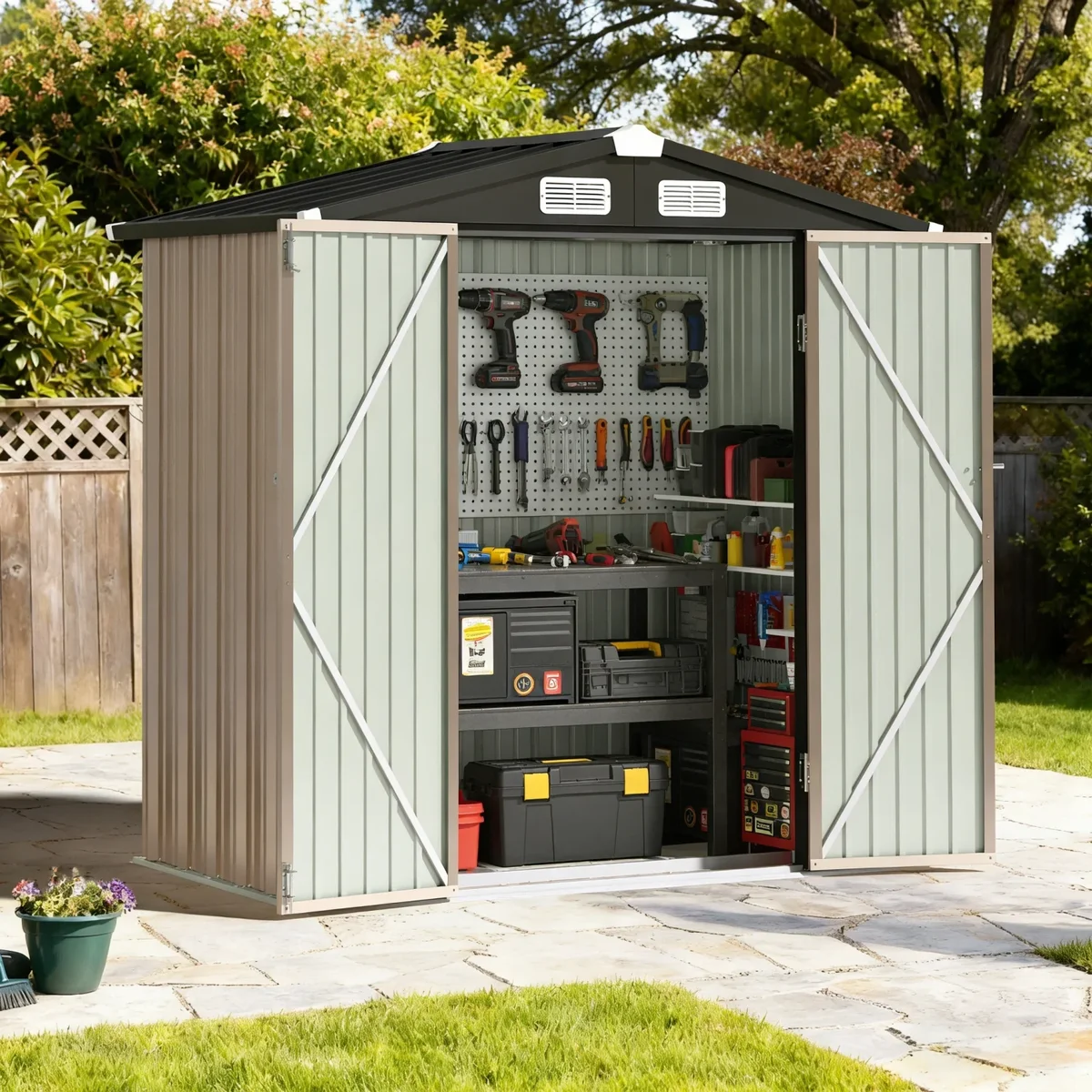 BaPiPro 6.2x4 FT Outdoor Storage Shed with Integrated Base - Heavy-Duty Metal Garden Tool Shed with Vents & Secure Locking Doors, Stable Frame St 6665