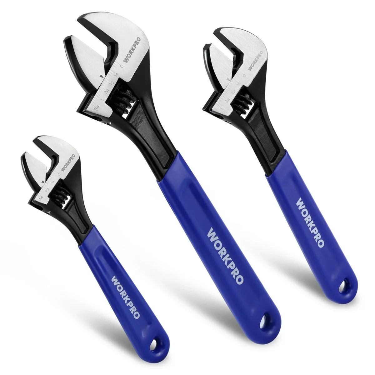 WORKPRO 3-Piece Adjustable Wrench Set, 6in, 8in & 10in Wrenches with Ergonomic Grip for Home, Garage, Workshop 3954