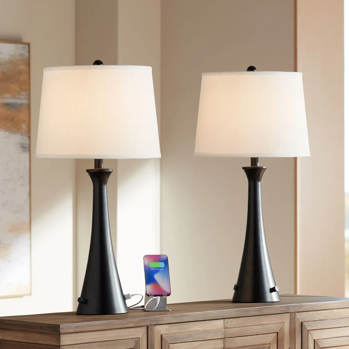 Everdaily Essentials Karl Modern Table Lamps 28 1/4" Tall Set of 2 Black Metal with USB and AC Power Outlet in Base White Drum Shade for Bedroom Living R 4236
