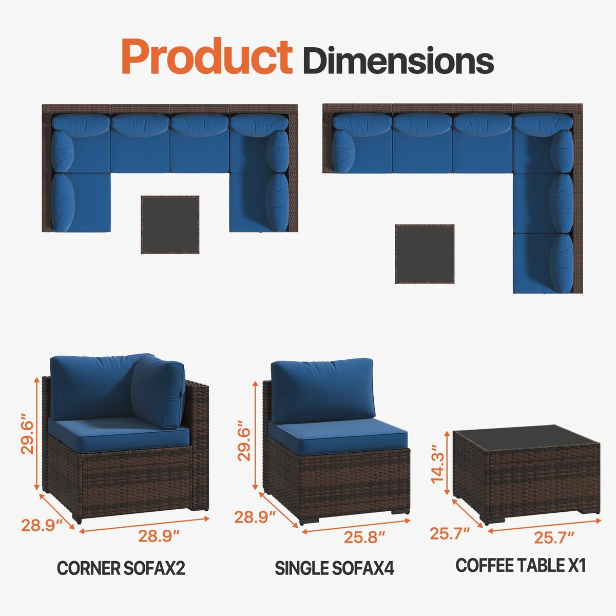 Dateyes 7-Piece Outdoor Patio Sectional Sofa Set, All-Weather Wicker Rattan Furniture with Coffee Table & Waterproof Cover (Blue) 1878