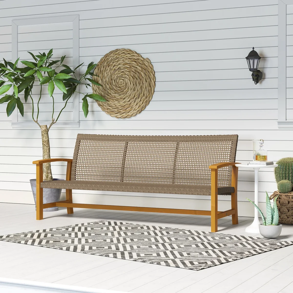 Outsunny 3-Seat Wicker Outdoor Couch Patio Sofa, 1000 lbs. Capacity, Acacia Wood Patio Furniture with Steel Seat Armrests for Backyard, Porch, Te 5188