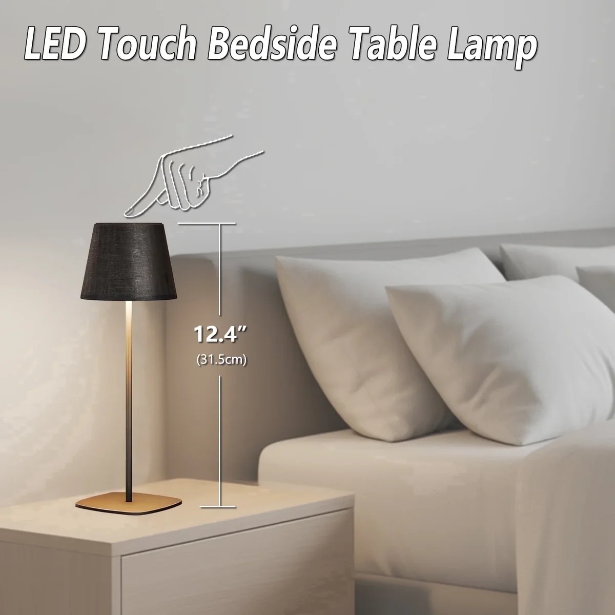 Everdaily Essentials 12" Rechargeable Touch Table Lamp with LED, USB, Fabric Shade, Matte Black for Home/Bedside/Living Room 6772
