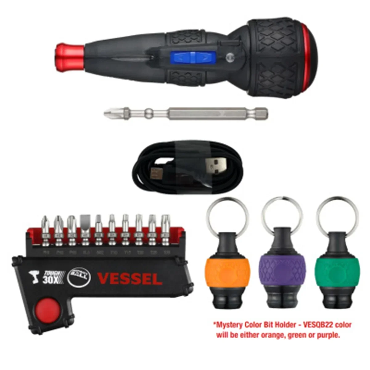 Vessel Tools 2025 Power Holiday Bundle - E-Assist Screwdriver, Bit Set, and One MYSTERY Color Bit Holder 8554