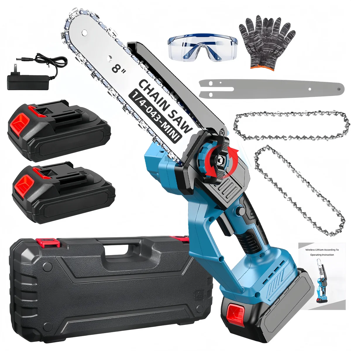 KingFurt 8" Mini Chainsaw, Cordless Chainsaw with 2 Batteries, 2 Blades&2 Chains,Handheld Mini Electric Chainsaw with Automatic Lubrication 3338