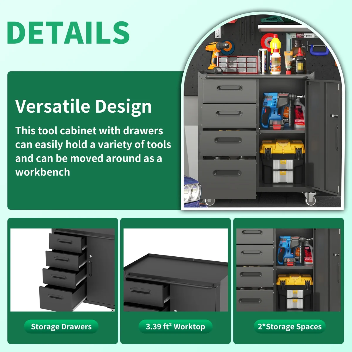 IKIMI 34.65"H Metal Rolling Tool Storage Cabinet with 4 Drawers & 1 Lockable Door, Mobile Tool Cart with Adjustable Shelf for Workshop/Garage, Bl 2279