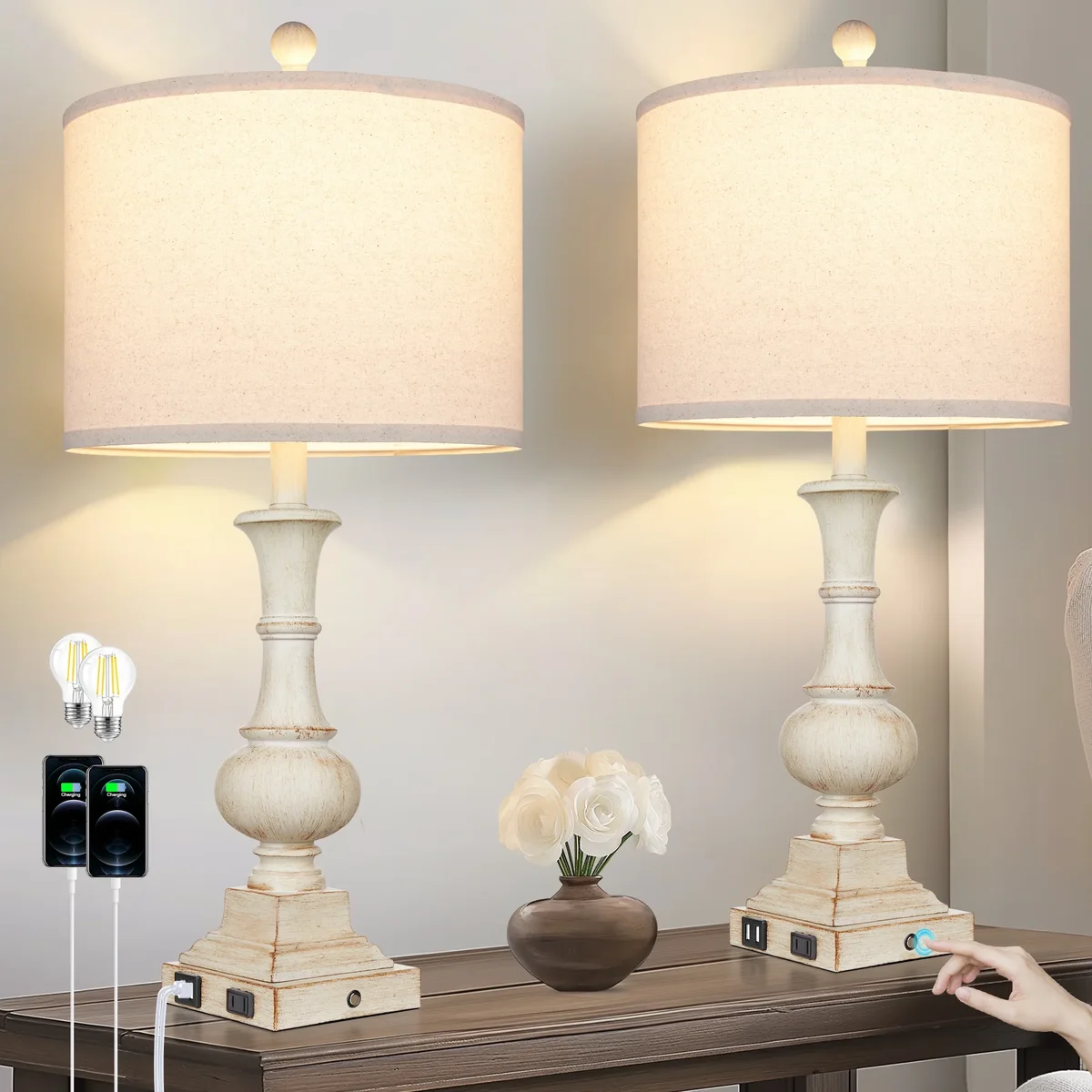 Cinkeda 3 Way Dimmable Touch Table Lamp Set of 2 for Bedroom Living Room Modern Farmhouse Resin Bedside Nightstand Lamps with USB Ports AC Outlet 5716