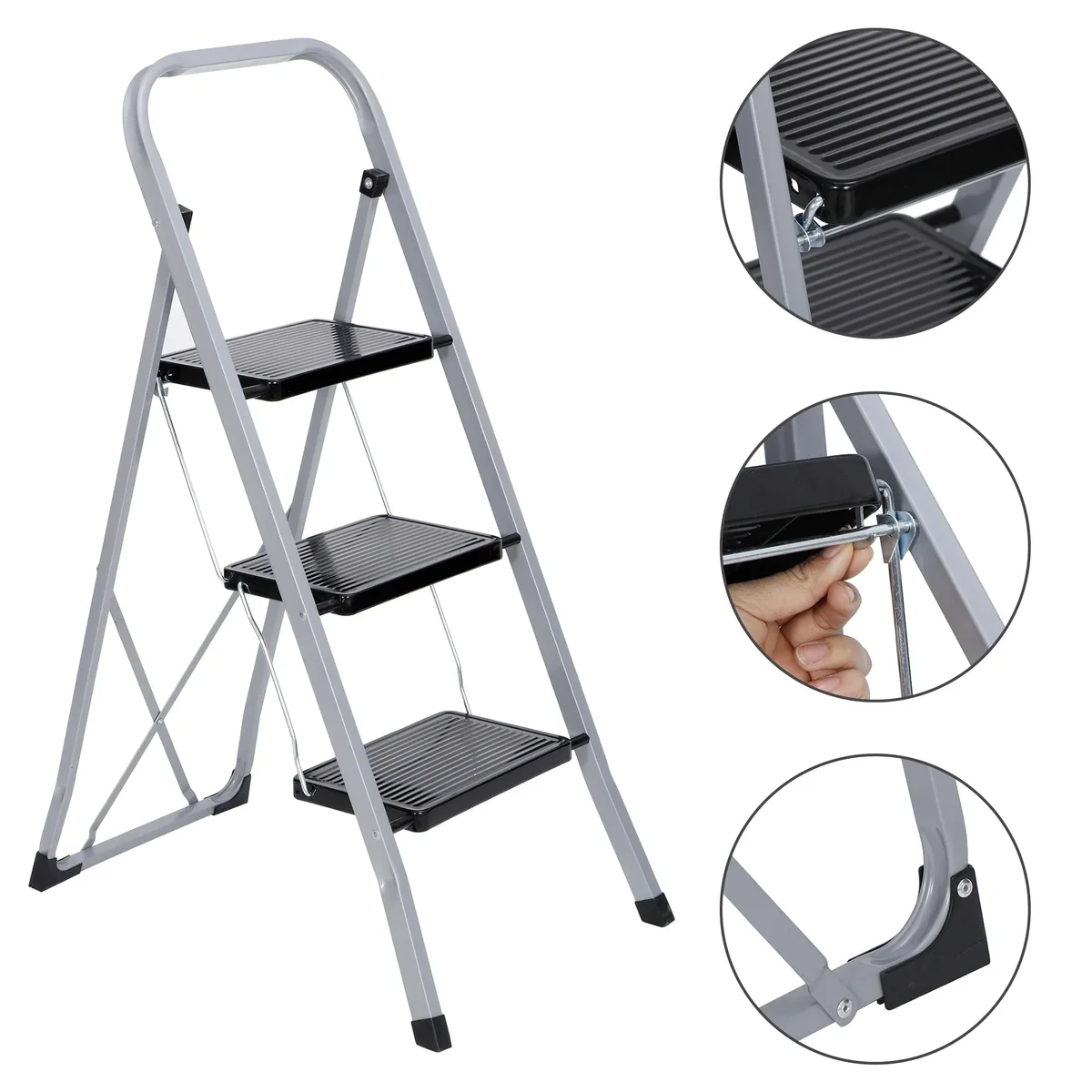 ZENY 3 Step Ladder Folding Step Stool Wide Anti-Slip Platform 330lbs Capacity, Silver 1386