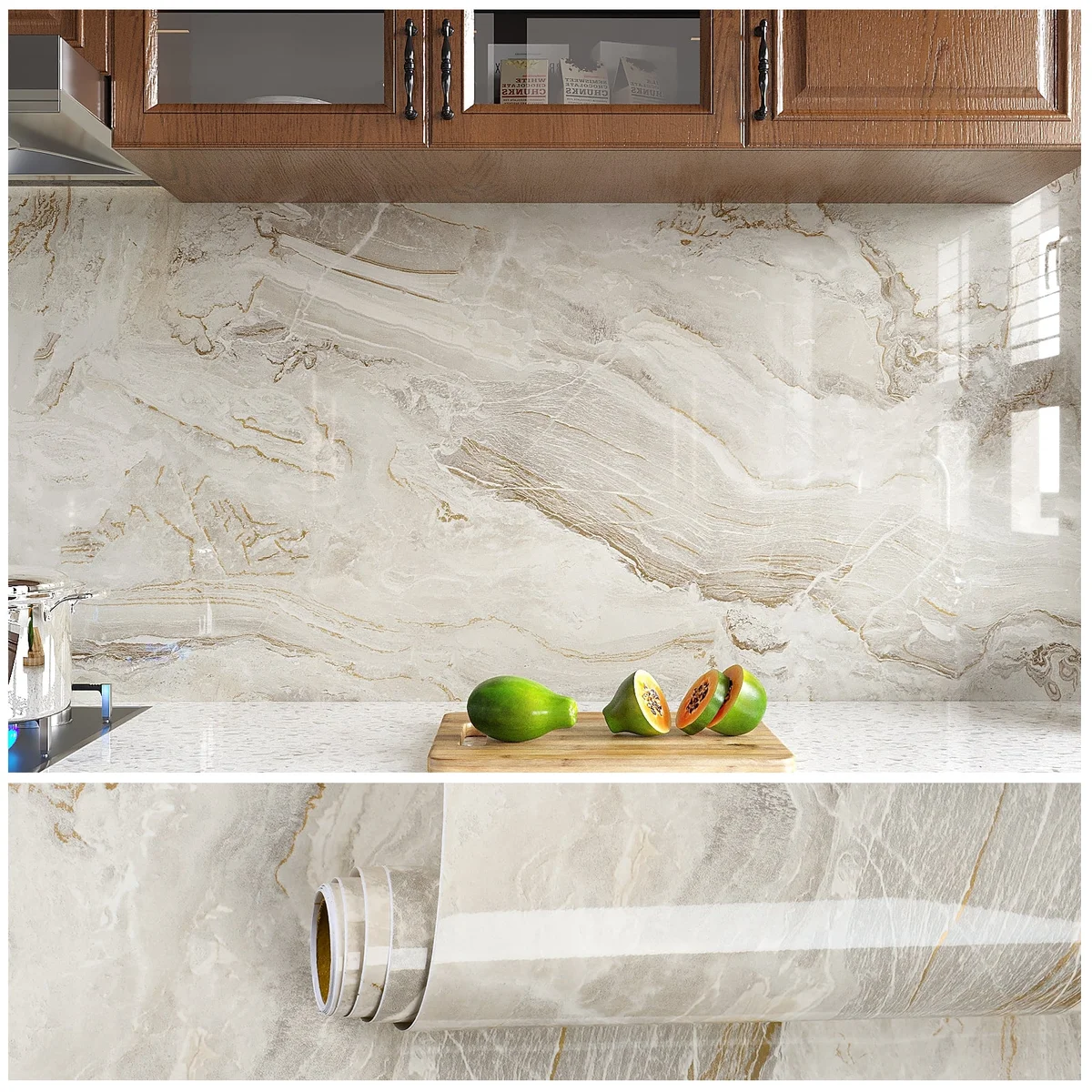 VEELIKE 15.7''x118'' Beige Gold Liquid Marble Contact Paper for Countertops Peel and Stick Waterproof Kitchen Countertop Paper Self Adhesive Marb 6886