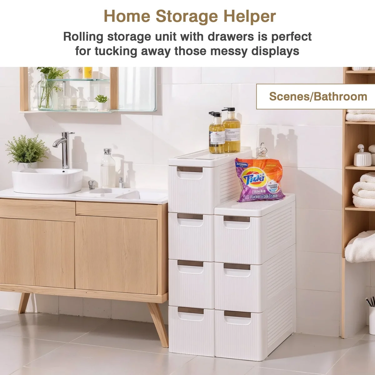 VECELO 4 Drawers Moveable Small Bathroom Stackable Storage Cabinet Floor Side Cabinet, Freestanding Plastic Narrow Lim Corner Slide Out Drawer St 1809