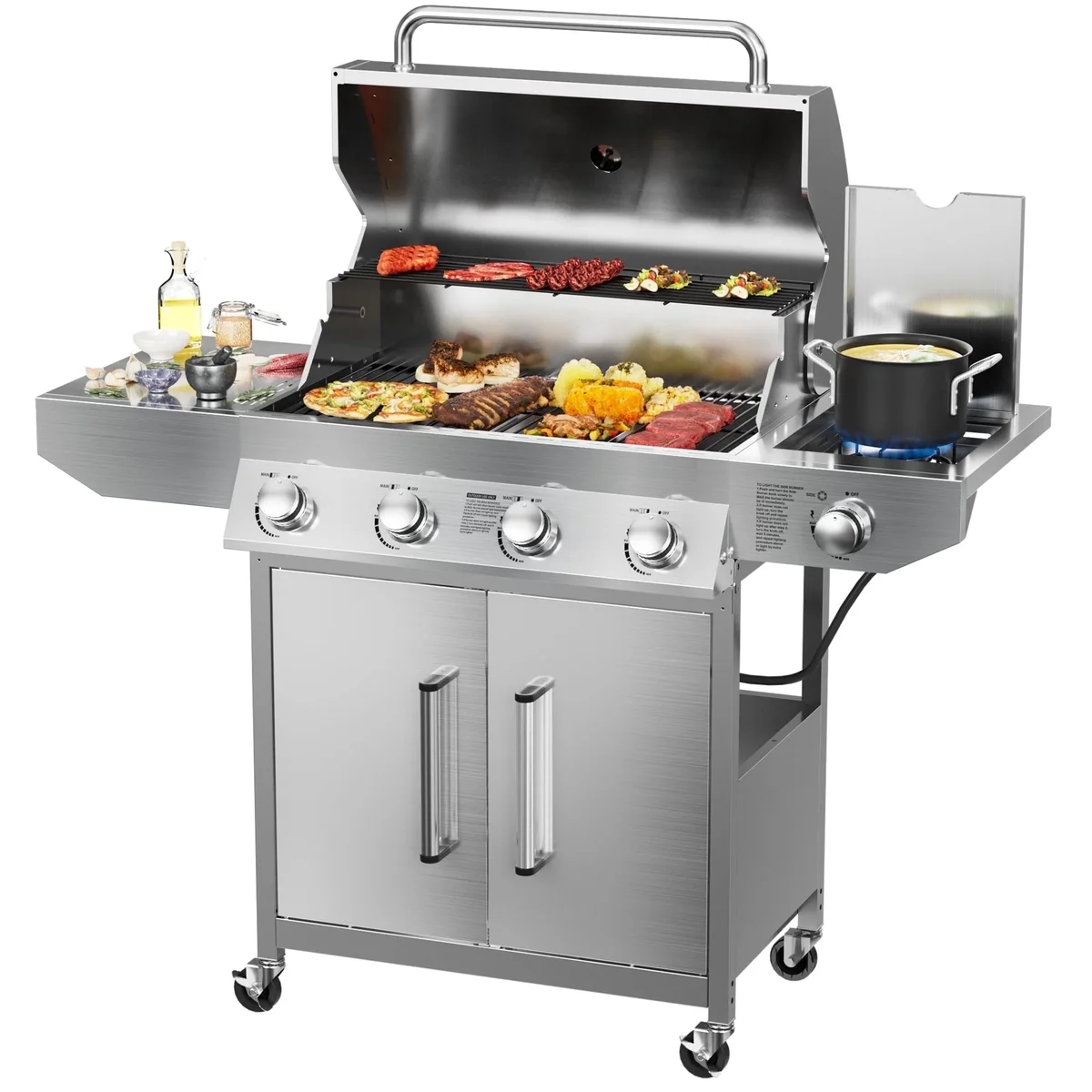 SKOK 4 Burner Gas Grill with Side Burner, 58000 BTU &393 sq.in Cooking Surface, Outdoor Propane Barbecue Grill for Patio & Backyard 0721