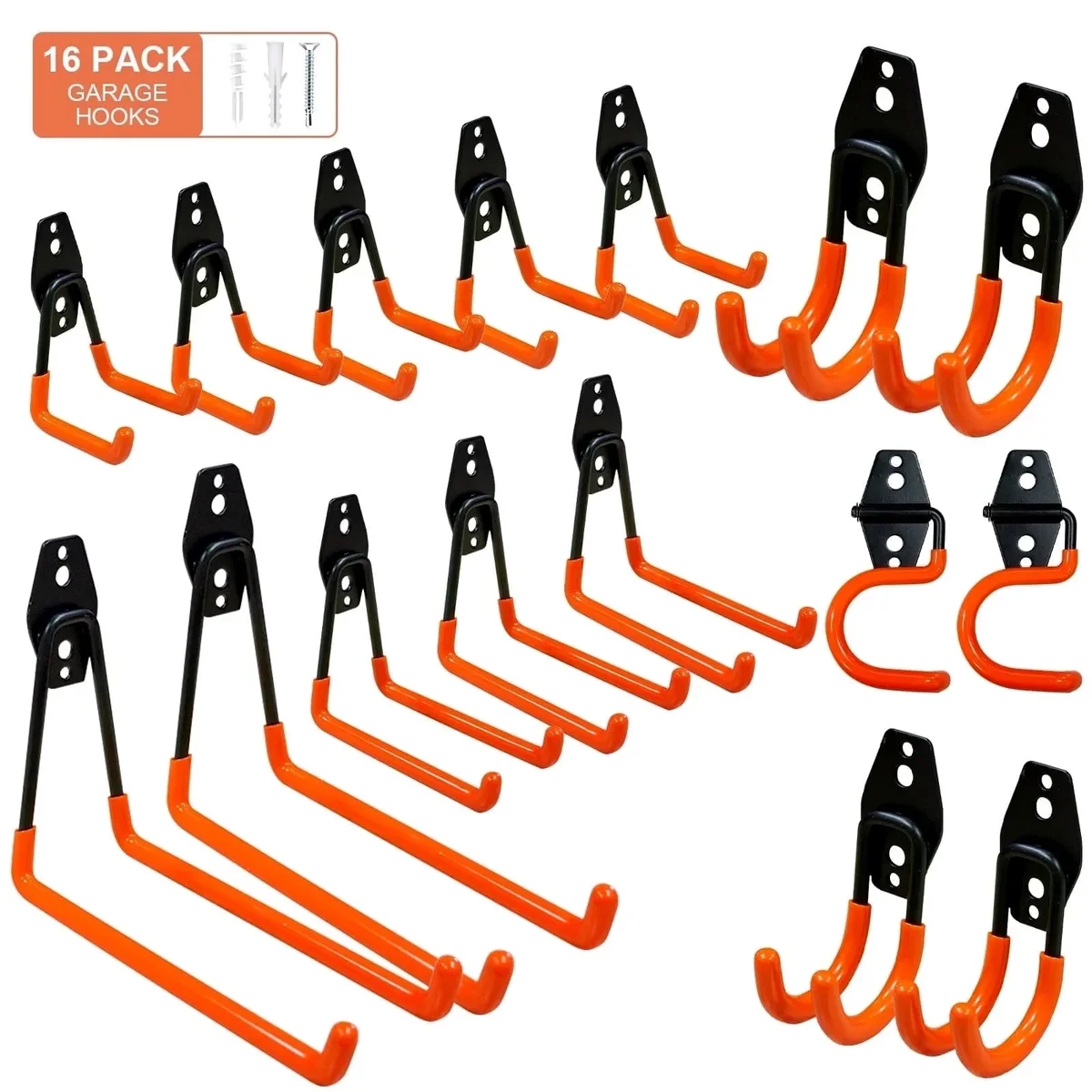 stusgo 16 Pack Garage Hooks Heavy Duty, stusgo Utility Steel Garage Storage Hooks, Wall Mount Tool Organizer for Hanging Garden Tools, Ladders an 5912