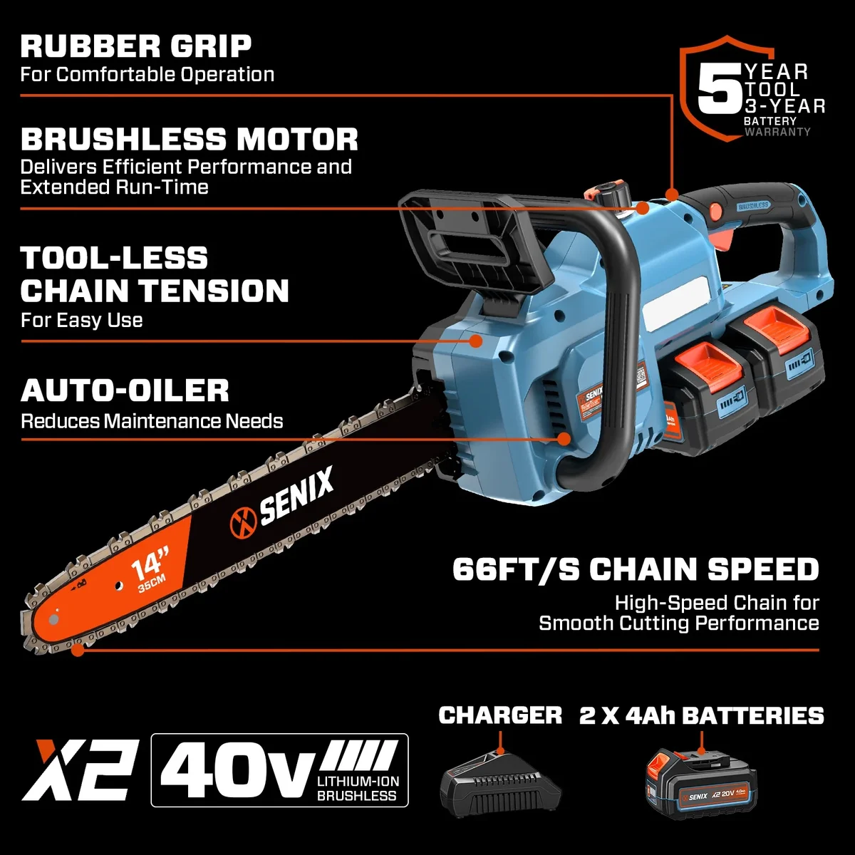 Senix 40V 14-Inch Brushless Cordless Chainsaw w/ Auto Oiler & Tool-Free Tension, 2 x 4Ah Batteries & Charger 0149