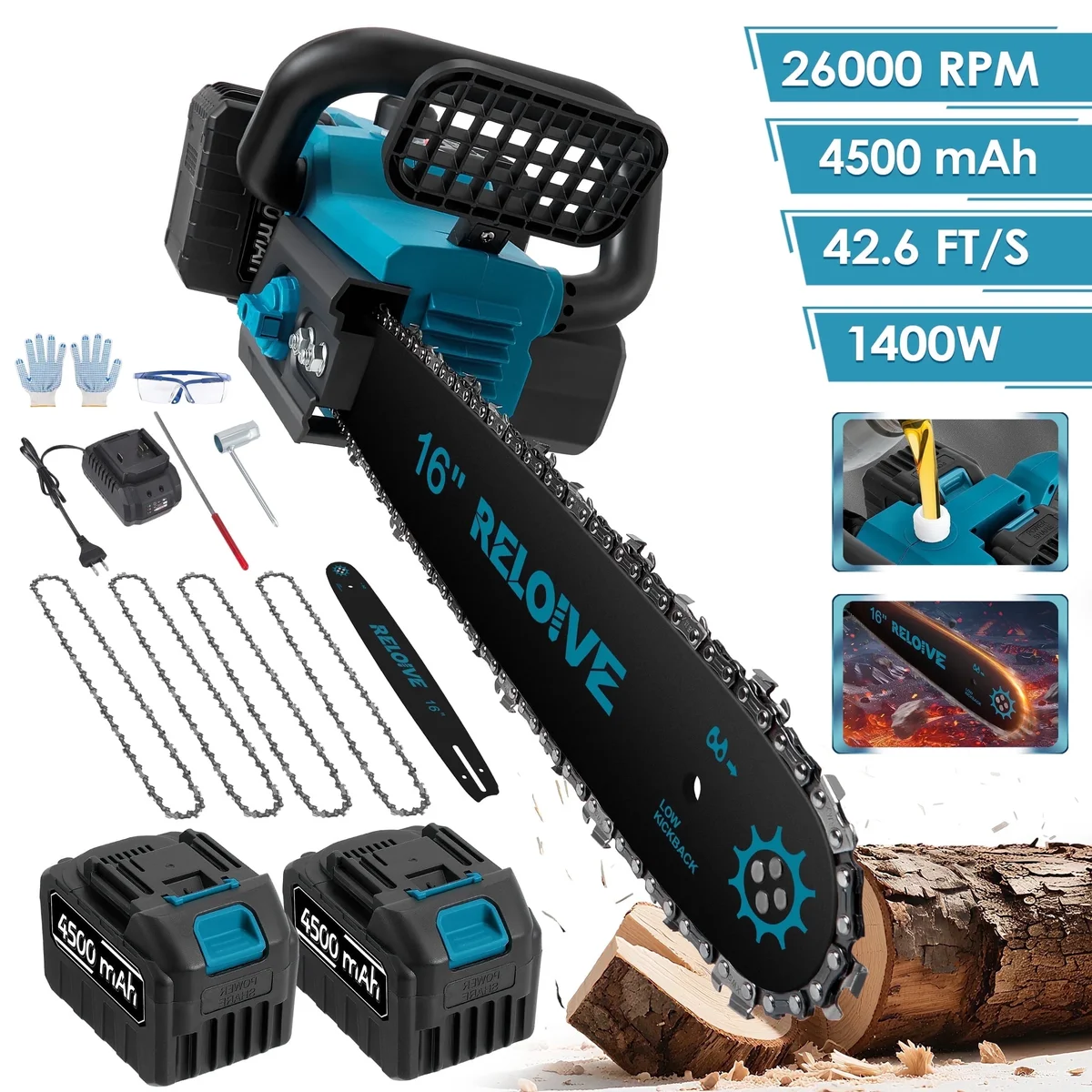 RELOIVE 16" Cordless Electric Chainsaw with Brushless Motor, 26000 RPM, 42.6 FT/S Chain Speed, Two 4.5Ah Batteries, 4 Chains, Handheld Wood Cutti 2618