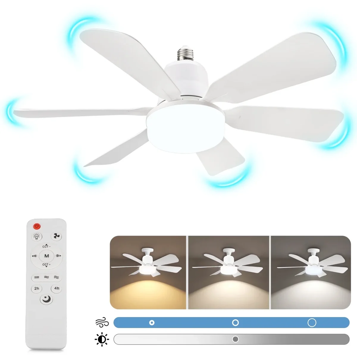 Tebru Socket Fan Light with Remote, 20.5in Small Ceiling Fan with 3-Speeds, Dimmable LED, E26/E27 Base, 6 Blades Light Socket Fan for Kitchen Bedroom 0636