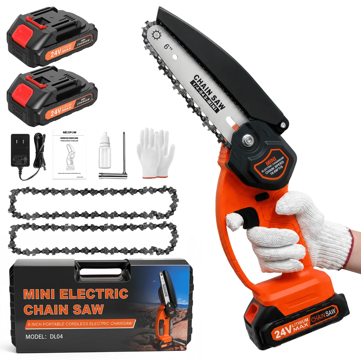 NEXPOW 6" Mini Chainsaw with 2 Batteries and 2 Chains, 24V Battery Powered Cordless Handheld Electric Chainsaw for Wood Cutting Tree Trimming, Po 5483