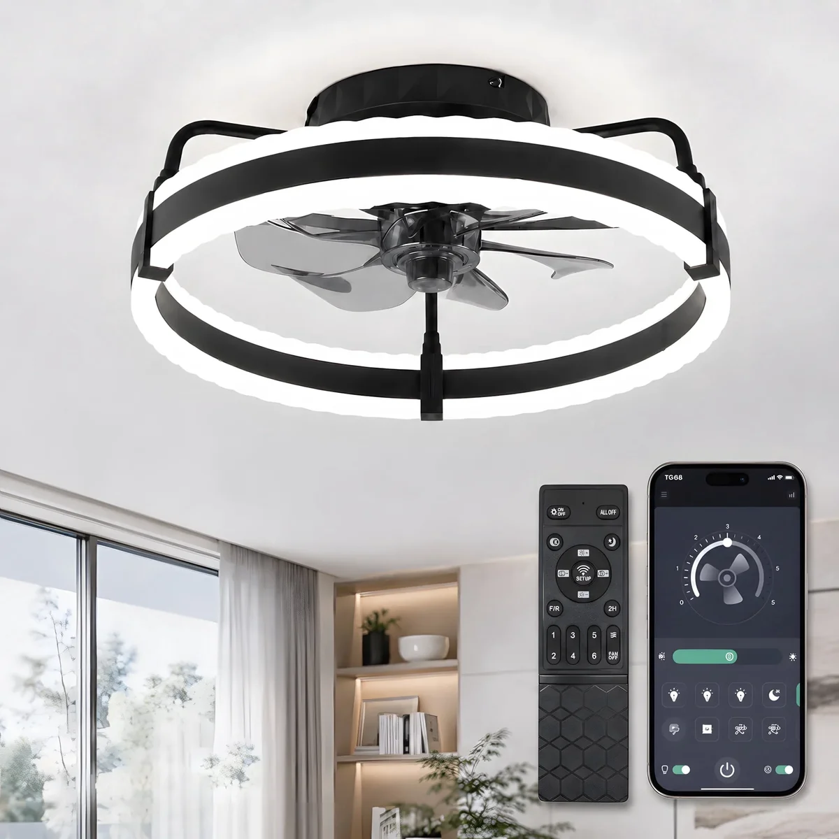 DAYBETTER 20-Inch Low Profile Ceiling Fan with Lights and Remote, Bluetooth App Control, Reversible 6-Speed Fan, Stepless Dimmable 3CCT LED Light 9930
