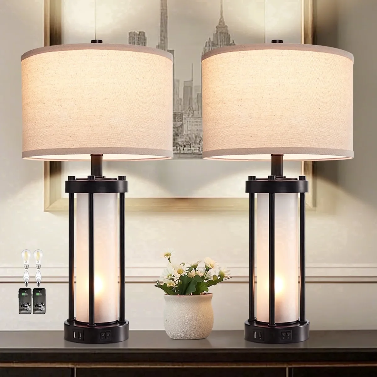 RORIA 24”Modern Living Room Table Lamps Set of 2,with Dual USB C&A Charging Ports, Built-in Frosted White Glass with Night Light, Black Retro C 6750